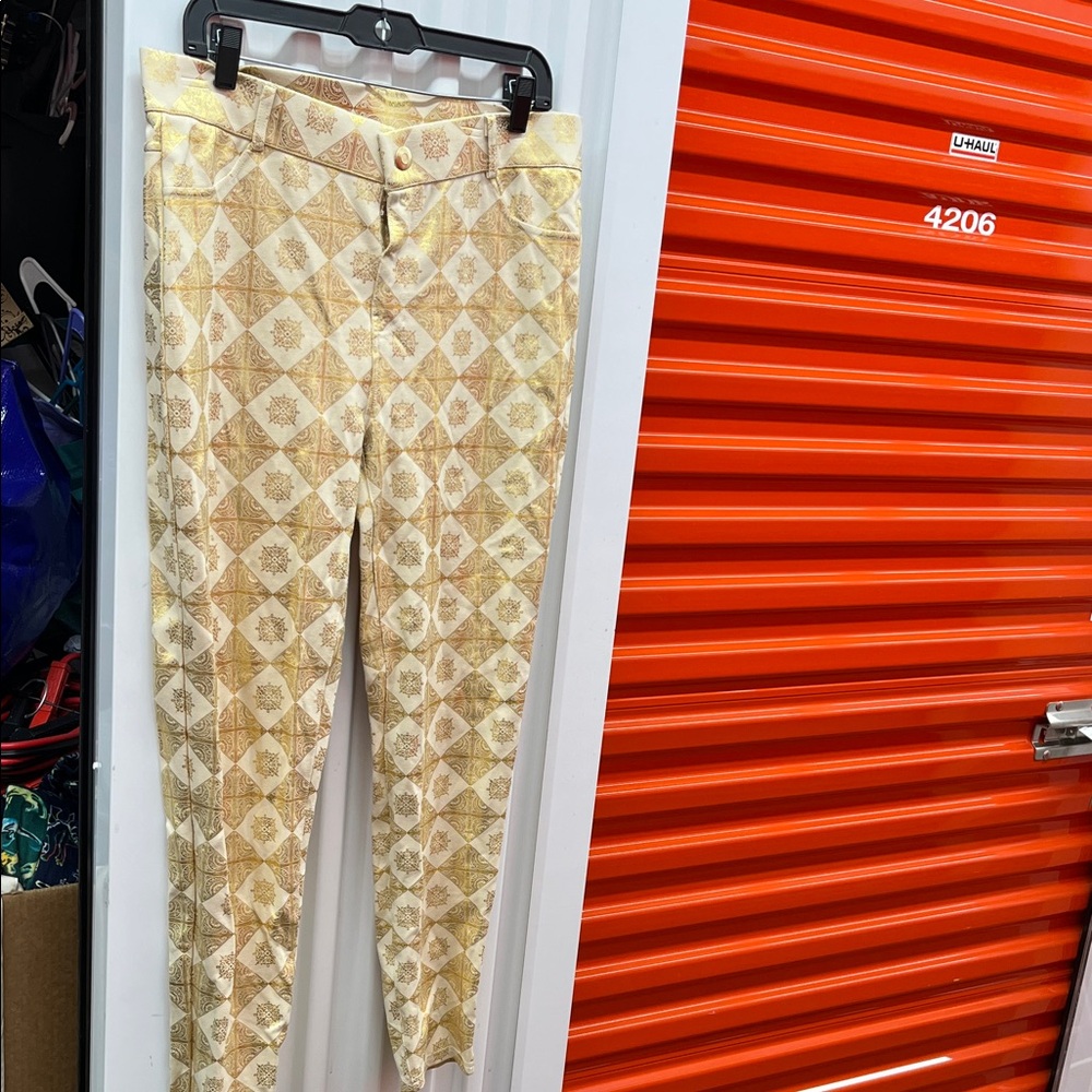 High-Rise Cream & Gold Patterned Skinny Jeans